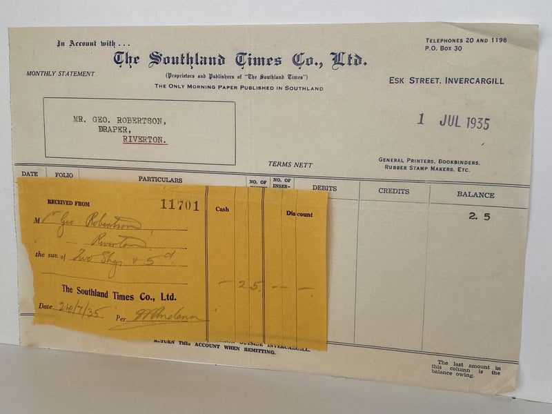 VINTAGE INVOICE: The Southland Times Co. Ltd, Invercargill 1935 Carousel 2
