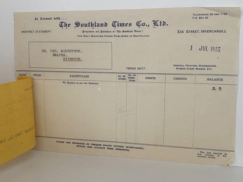 VINTAGE INVOICE: The Southland Times Co. Ltd, Invercargill 1935 Carousel 3