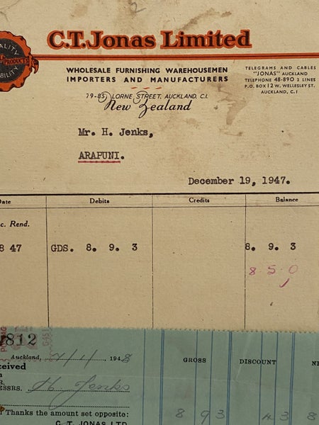 VINTAGE INVOICE: C. T. Jonas Limited, Auckland - Wholesale Warehousemen 1947 Carousel 1