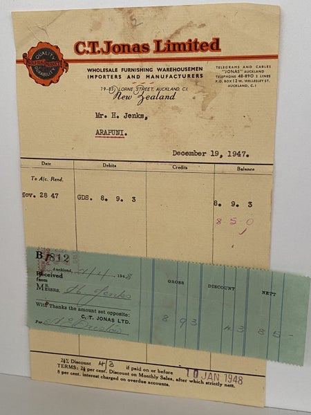 VINTAGE INVOICE: C. T. Jonas Limited, Auckland - Wholesale Warehousemen 1947 Carousel 2