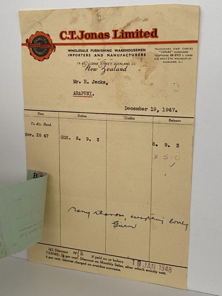 VINTAGE INVOICE: C. T. Jonas Limited, Auckland - Wholesale Warehousemen 1947 Carousel 3