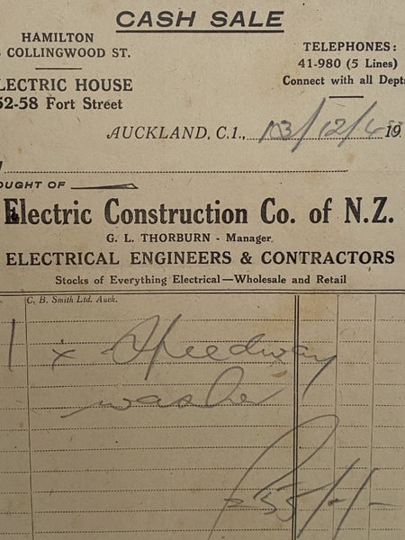VINTAGE INVOICE: Electric Construction Co. Auckland - Electrical Engineers 1948 Carousel 1