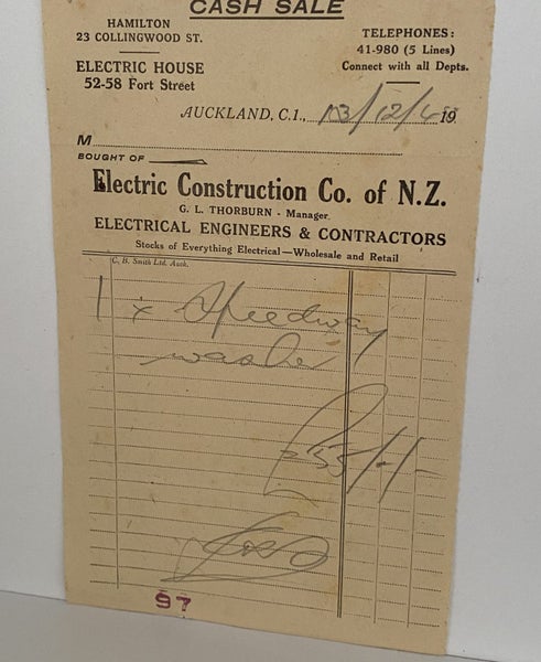 VINTAGE INVOICE: Electric Construction Co. Auckland - Electrical Engineers 1948 Carousel 2