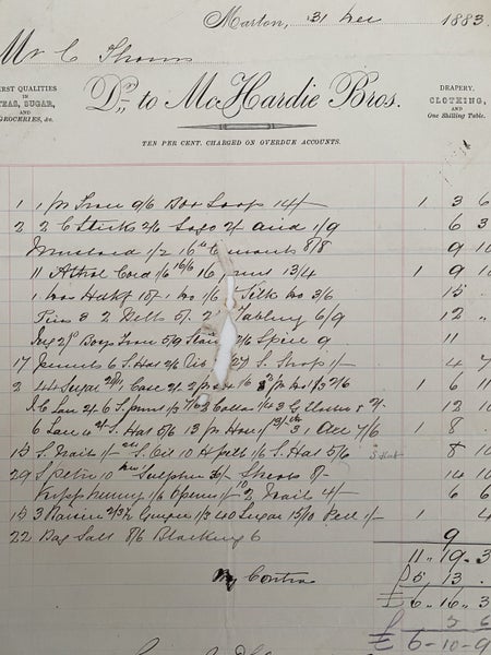 ANTIQUE INVOICE: McHardie Bros, Marton - Groceries, Drapery and Clothing 1883 Carousel 1