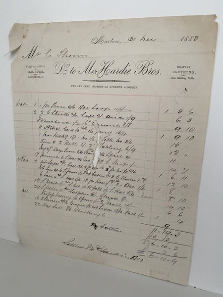 ANTIQUE INVOICE: McHardie Bros, Marton - Groceries, Drapery and Clothing 1883 Carousel 2