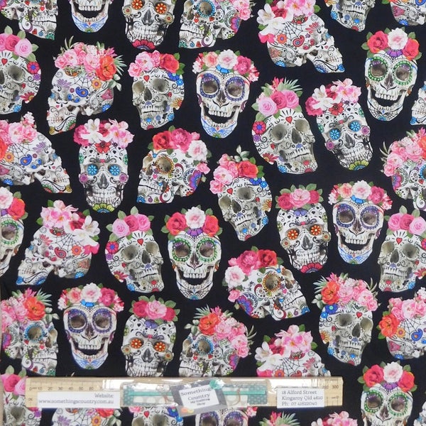 Quilting Patchwork Sewing Fabric Floral Candy Skulls 50x55cm FQ Carousel 1