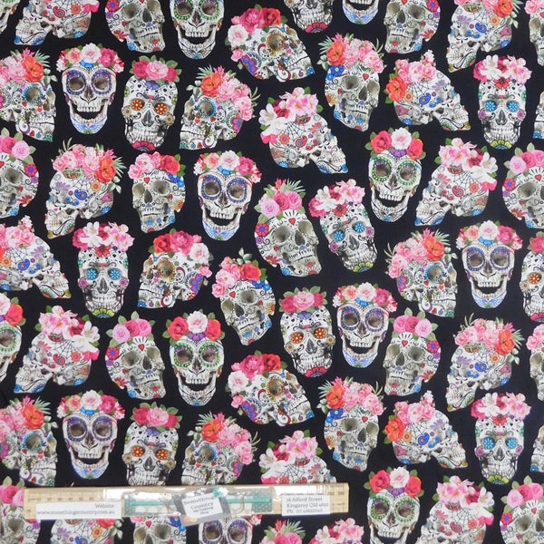 Quilting Patchwork Sewing Fabric Floral Candy Skulls 50x55cm FQ Carousel 2