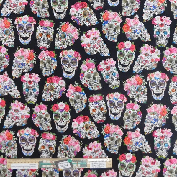 Quilting Patchwork Sewing Fabric Floral Candy Skulls 50x55cm FQ Carousel 4