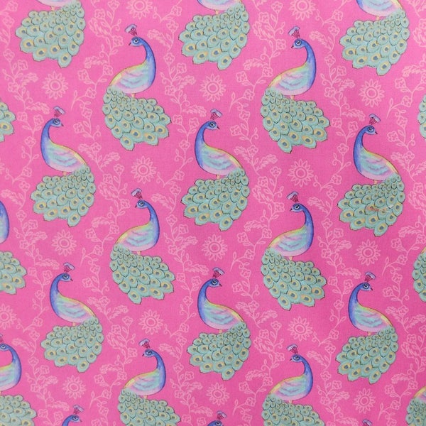 Quilting Patchwork Sewing Fabric Pink Peacocks 50x55cm FQ Carousel 2