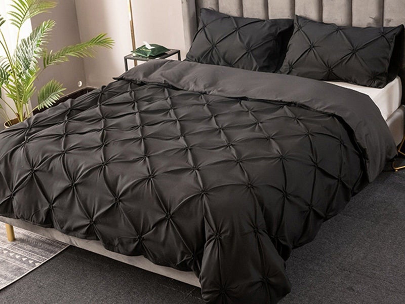 2Pcs Pintuck Bedding Set Pinch Pleat Duvet Cover Set Black Single Carousel 1