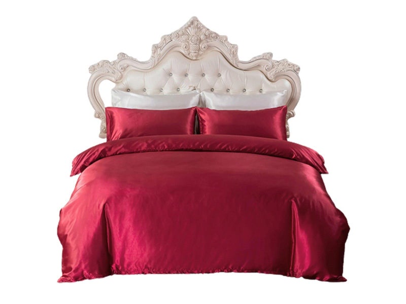 Single Quilt Cover Silk Satin Bedding Set Wine Red Carousel 1