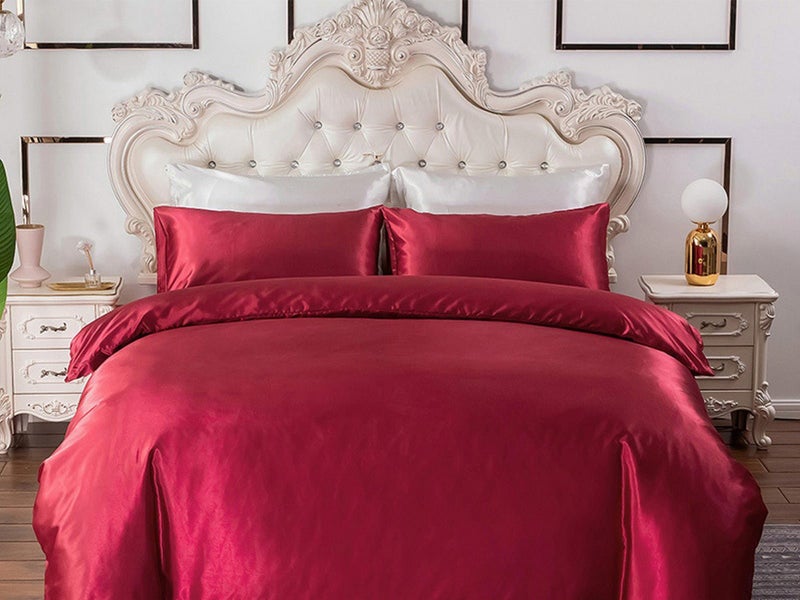 Single Quilt Cover Silk Satin Bedding Set Wine Red Carousel 2