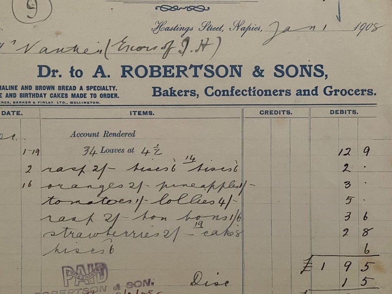 ANTIQUE INVOICE: A. Robertson & Sons Napier – Bakers, Confectioners, Grocer 1908 Carousel 1
