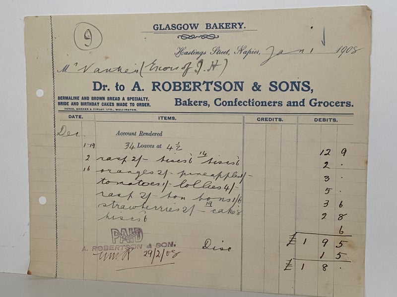 ANTIQUE INVOICE: A. Robertson & Sons Napier – Bakers, Confectioners, Grocer 1908 Carousel 2