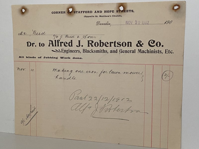 ANTIQUE INVOICE: Alfred J. Robertson & Co. Dunedin – Engineers, Blacksmiths 1902 Carousel 2