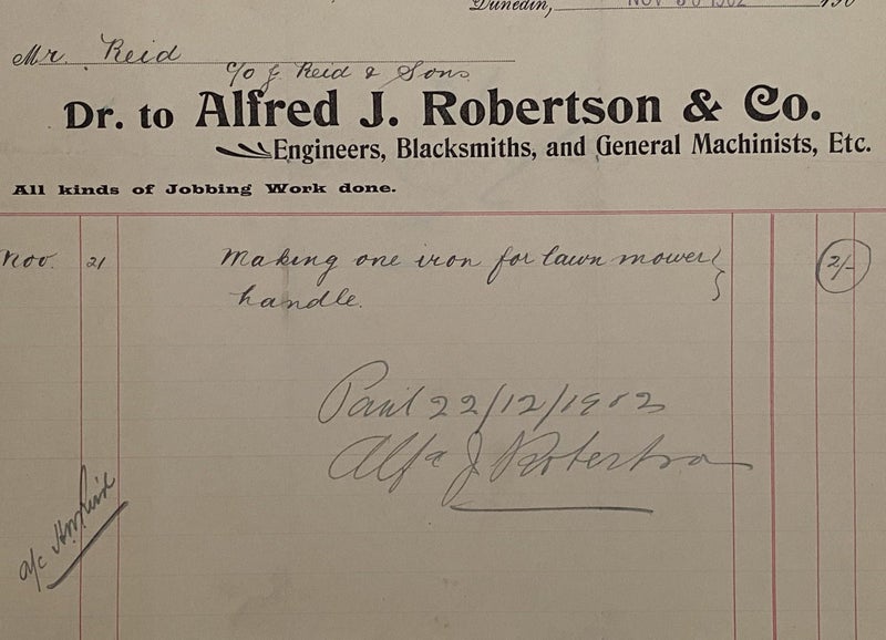 ANTIQUE INVOICE: Alfred J. Robertson & Co. Dunedin – Engineers, Blacksmiths 1902 Carousel 1