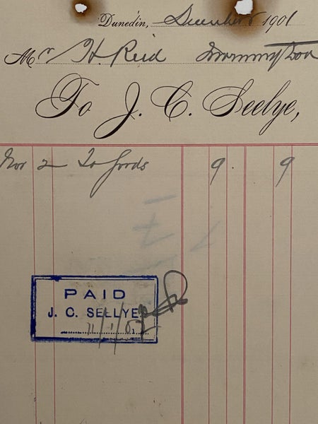 ANTIQUE INVOICE: J. C. Seelye, Dunedin 1901 (123 yo) Carousel 1