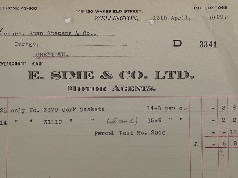 VINTAGE INVOICE: E. Sime & Co. Ltd. Wellington – Motor Agents 1929 Carousel 1
