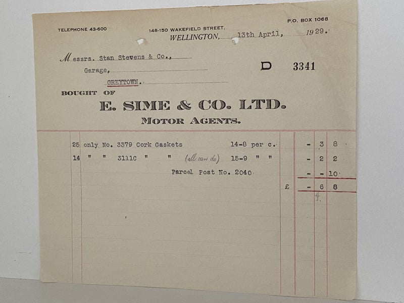 VINTAGE INVOICE: E. Sime & Co. Ltd. Wellington – Motor Agents 1929 Carousel 2