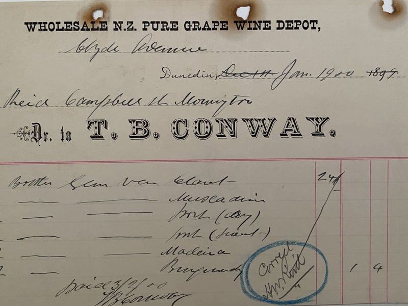 ANTIQUE INVOICE: T. B. Conway, Dunedin – N.Z. Pure Grape Wine Depot 1900 (124yo) Carousel 1