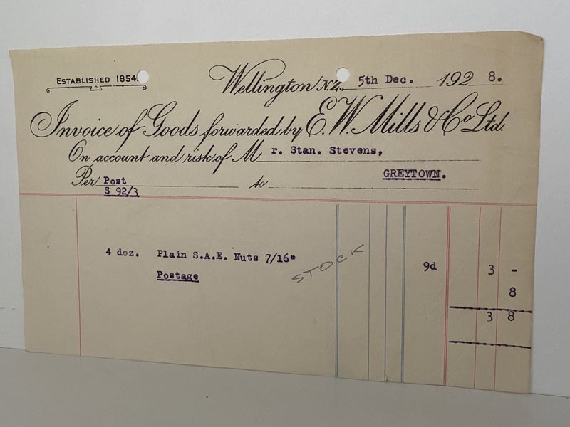 VINTAGE INVOICE / RECEIPT: E. W. Mills & Co. Ltd, Wellington 1928 Carousel 2
