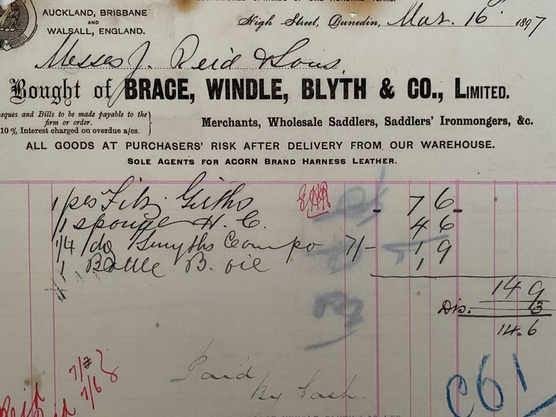 ANTIQUE INVOICE: Brace, Windle, Blyth & Co, Dunedin – Saddlers 1897 (127yo) Carousel 1