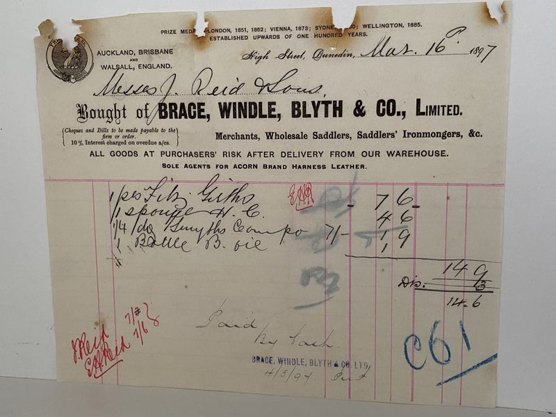 ANTIQUE INVOICE: Brace, Windle, Blyth & Co, Dunedin – Saddlers 1897 (127yo) Carousel 2