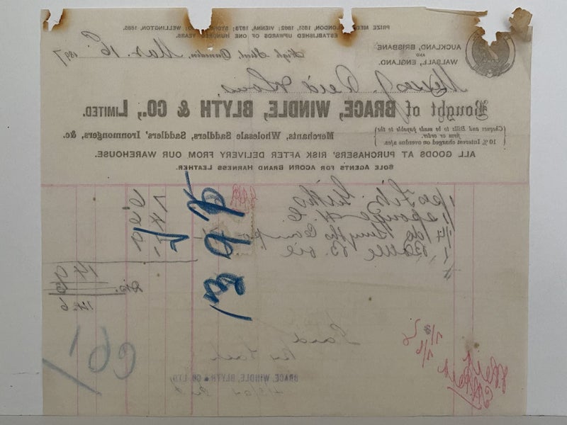 ANTIQUE INVOICE: Brace, Windle, Blyth & Co, Dunedin – Saddlers 1897 (127yo) Carousel 3