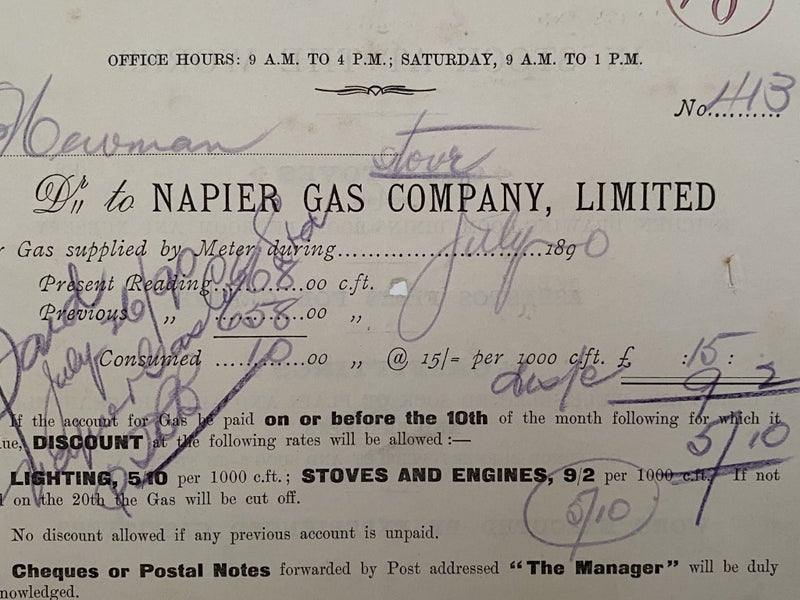 ANTIQUE INVOICE: Napier Gas Company Limited, Napier 1890 (134yo) Carousel 1