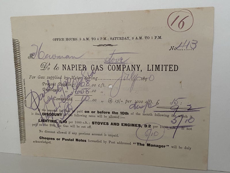ANTIQUE INVOICE: Napier Gas Company Limited, Napier 1890 (134yo) Carousel 2