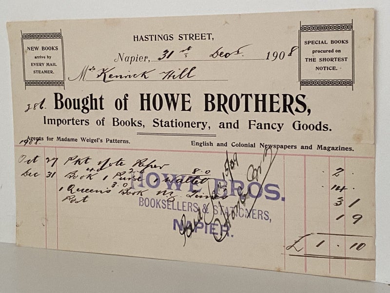 ANTIQUE INVOICE: Howe Brothers, Napier – Importers of Books, Stationery 1908 Carousel 2