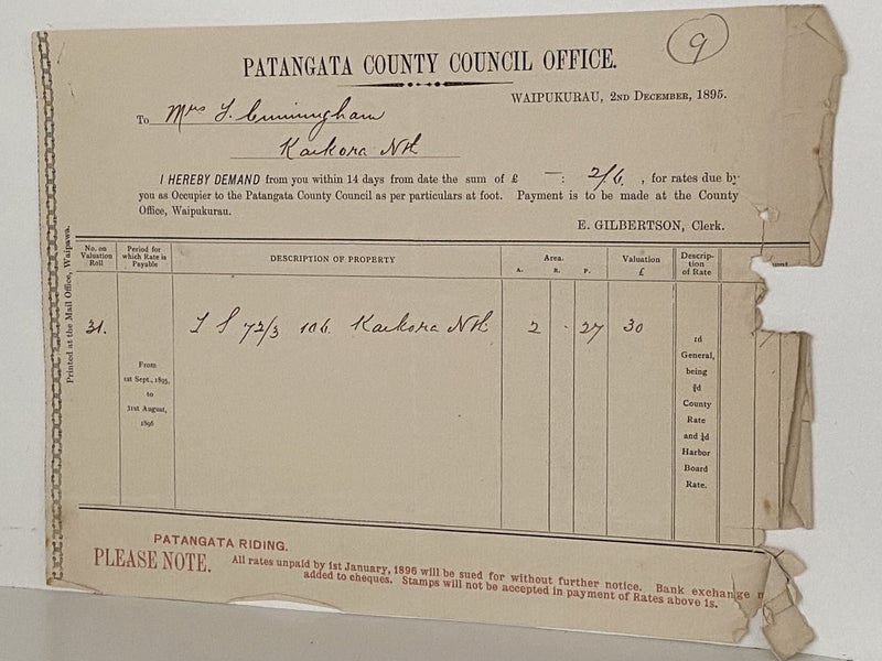 ANTIQUE RATES DEMAND: Patangata County Council Office, Waipukurau 1895 (129yo) Carousel 2