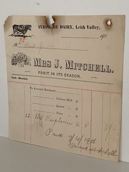 ANTIQUE INVOICE: Mrs J. Mitchell - Ayrshire Dairy, Leith Valley 1901 (125 yo) Carousel 2