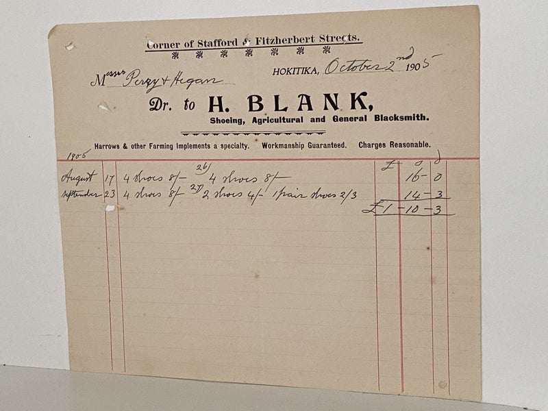 ANTIQUE INVOICE: H. Blank, Hokitika – Shoeing, Agricultural and Blacksmiths 1905 Carousel 2