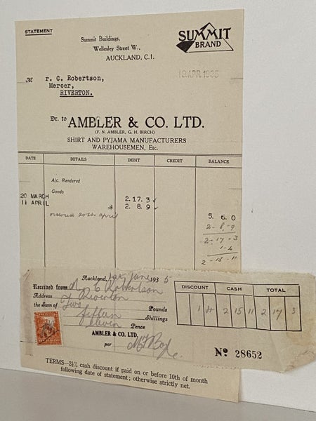 VINTAGE INVOICE / RECEIPT: Ambler & Co. Ltd, Auckland - Shirts & Pajamas 1935 Carousel 2