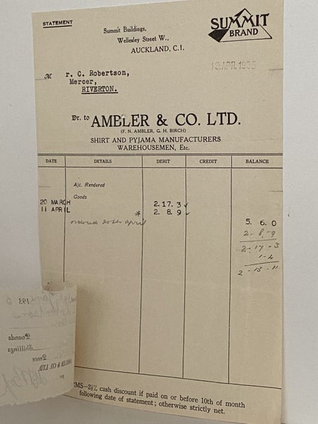 VINTAGE INVOICE / RECEIPT: Ambler & Co. Ltd, Auckland - Shirts & Pajamas 1935 Carousel 3