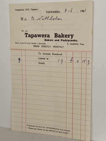 VINTAGE INVOICE: Tapawera Bakery - Bakers and Pastrycooks 1961 Carousel 1
