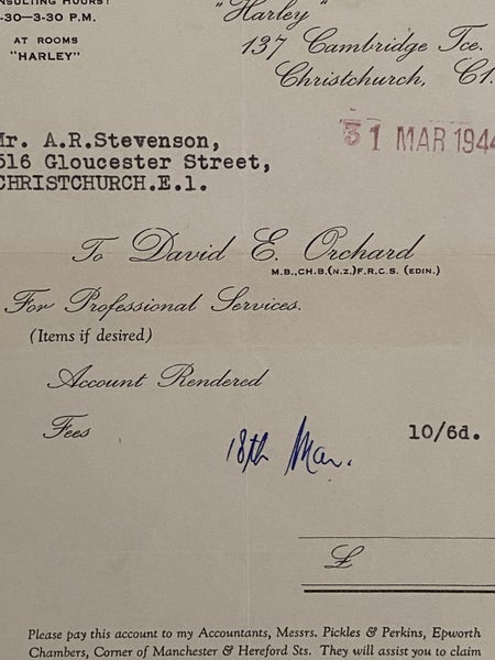 VINTAGE INVOICE: David E. Orchard, Christchurch 1944 Carousel 1
