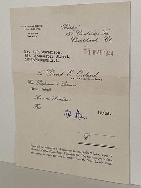 VINTAGE INVOICE: David E. Orchard, Christchurch 1944 Carousel 2