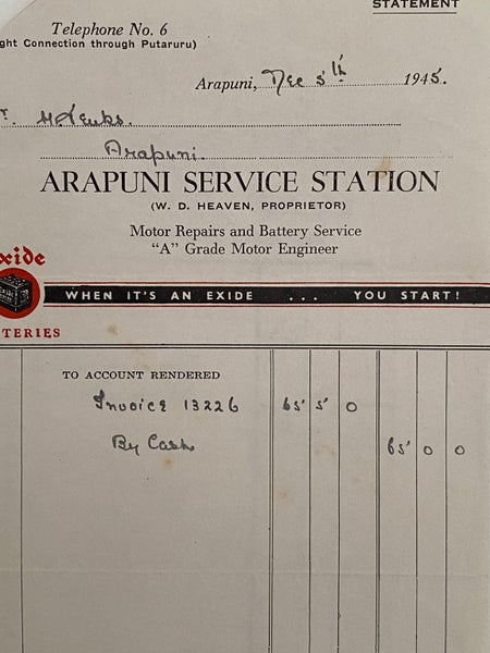 VINTAGE INVOICE: Arapuni Service Station, Arapuni - Motor Repairs 1945 Carousel 1