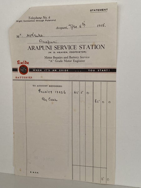 VINTAGE INVOICE: Arapuni Service Station, Arapuni - Motor Repairs 1945 Carousel 2