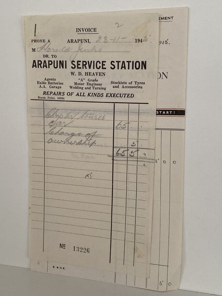 VINTAGE INVOICE: Arapuni Service Station, Arapuni - Motor Repairs 1945 Carousel 3