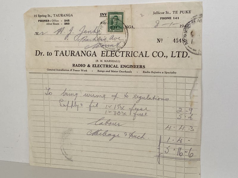 VINTAGE INVOICE: Tauranga Electrical Co Ltd - Radio & Electrical Engineers 1948 Carousel 2