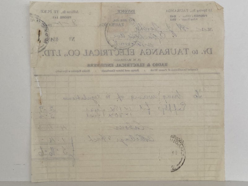 VINTAGE INVOICE: Tauranga Electrical Co Ltd - Radio & Electrical Engineers 1948 Carousel 3