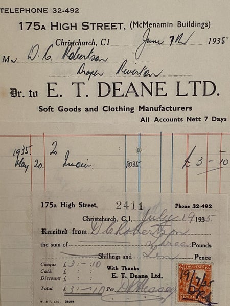VINTAGE INVOICE: E. T Deane Ltd, Christchurch - Soft Goods 1935 Carousel 1