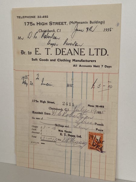 VINTAGE INVOICE: E. T Deane Ltd, Christchurch - Soft Goods 1935 Carousel 2