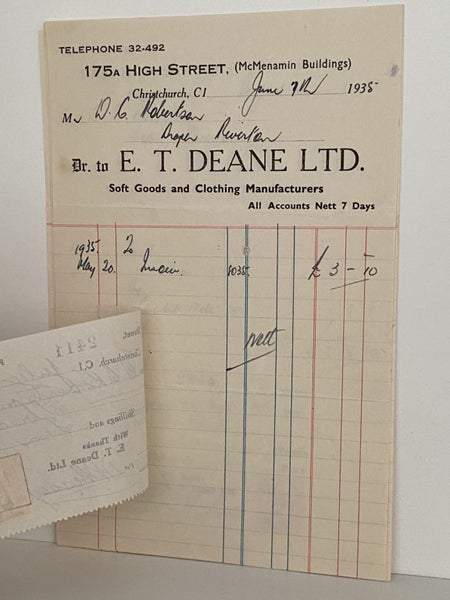 VINTAGE INVOICE: E. T Deane Ltd, Christchurch - Soft Goods 1935 Carousel 3