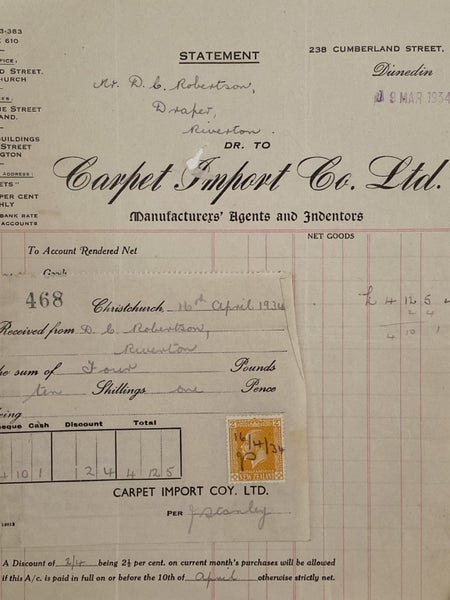 VINTAGE INVOICE: Carpet Import Co. Ltd. Dunedin - Agents and Indentors 1934 Carousel 1