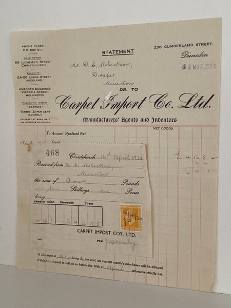 VINTAGE INVOICE: Carpet Import Co. Ltd. Dunedin - Agents and Indentors 1934 Carousel 2