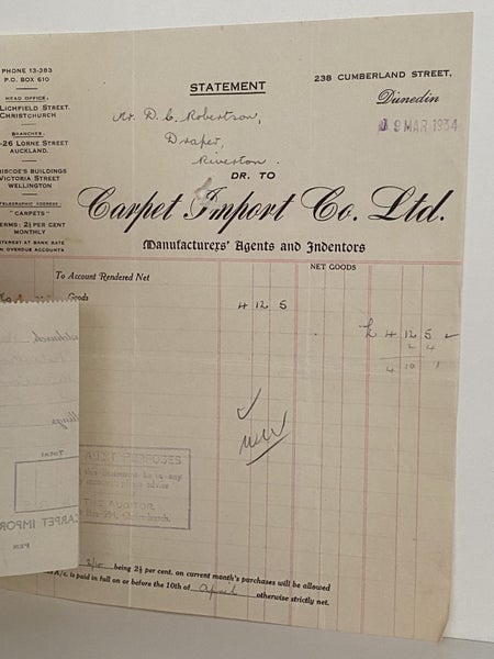 VINTAGE INVOICE: Carpet Import Co. Ltd. Dunedin - Agents and Indentors 1934 Carousel 3